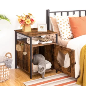 Table de nuit moderne avec espace pour animaux de compagnie dans une chambre accueillante.