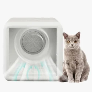 Appareil moderne avec chat curieux, alliant technologie et confort dans un intérieur épuré.