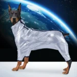 Doberman en costume argent dans lespace, prêt pour une aventure intergalactique.