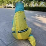 Costume de dinosaure jaune et turquoise, amusant pour événements en plein air au parc.