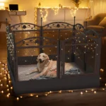 Enclosure décoratif pour chien doré dans un salon chaleureux et accueillant.