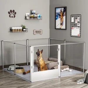 Espace de jeu pour chien dans un salon accueillant et décoré avec soin.