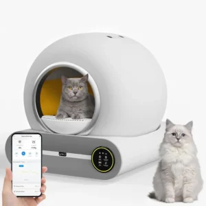 Litière intelligente et moderne en dôme blanc pour le confort des chats et leur propriétaire.