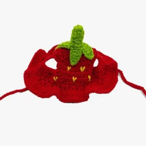 Masque en crochet inspiré de la fraise, rouge vif avec tige verte et détails jaunes.