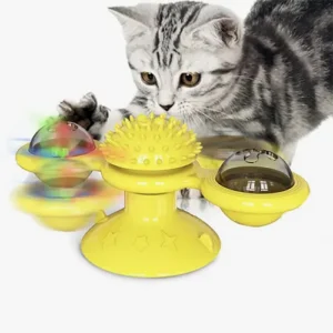 Chat gris joue avec un jouet jaune coloré, captivant et stimulant pour les félins.