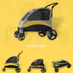 Poussette moderne grise et jaune, pliable et maniable pour le confort des parents et bébés.