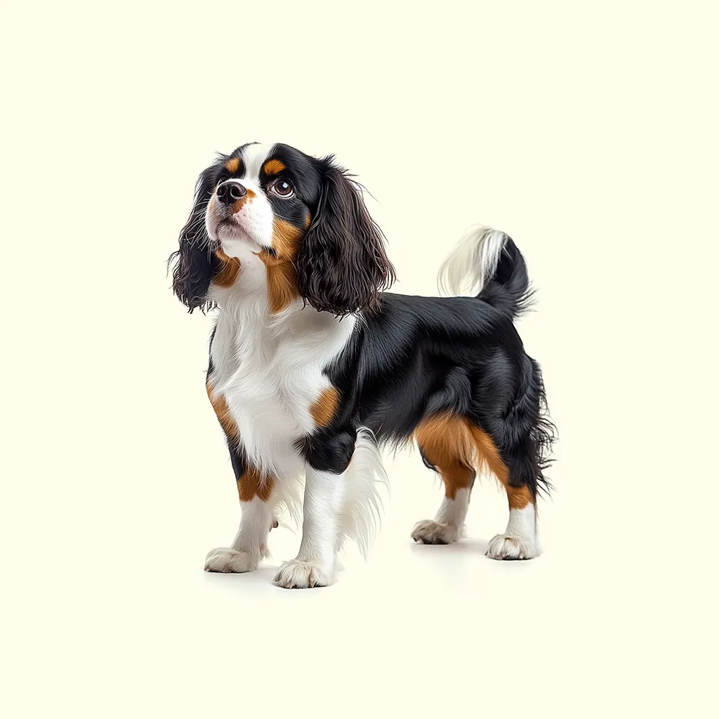 Un Cavalier King Charles Spaniel adorable, assis avec une expression douce et affectueuse.