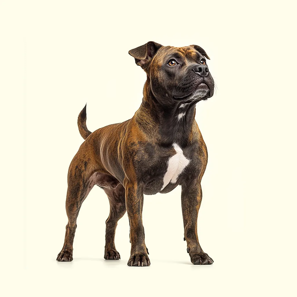 Un Staffordshire Bull Terrier brun, se tenant debout avec une posture fière et élégante.