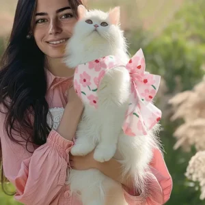 Une beauté tenant un chat princesse, habillé d'une robe rose élégante, montrant son côté adorable et royal.