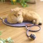 Chat orange allongé confortablement sur un tapis pour chat violet