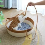 Un chat tigré jouant avec une ficelle dans un panier chat