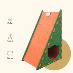 Caractéristiques du griffoir triangulaire orange et vert pour chat