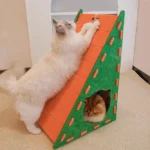 Un chat roux dans une niche-griffoir multifonction en feutre