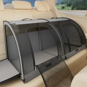 Cage pliable pour animal placée sur le siège arrière de la voiture.