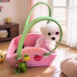 Petit chien dans un sac rose clair en caoutchouc écologique