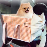 Un spitz nain dans un panier fixé à l'accoudoir de voiture.